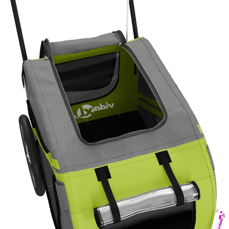 vidaXL mājdzīvnieku velo piekabe, zaļa ar pelēku, audums, dzelzs