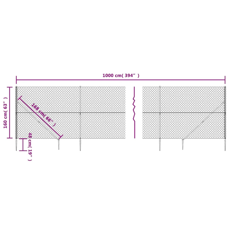 vidaXL stiepļu žogs ar zemes mietiņiem, sudraba krāsā, 1,6x10 m