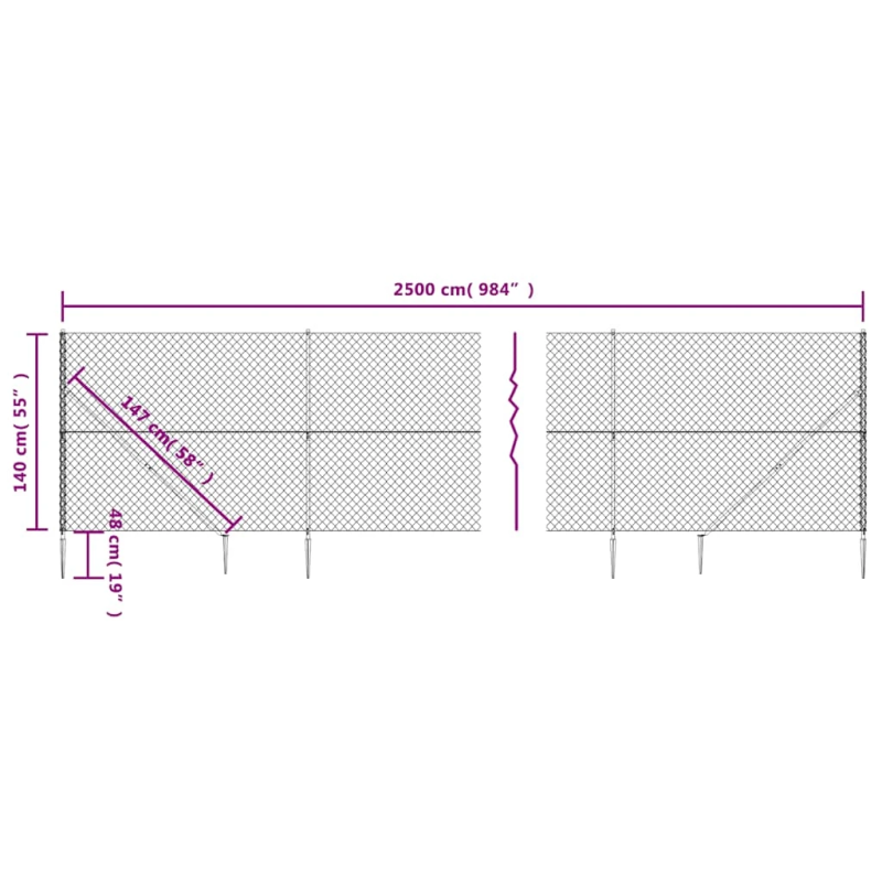 vidaXL stiepļu žogs ar zemes mietiņiem, sudraba krāsā, 1,4x25 m