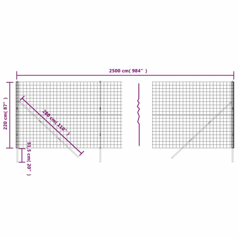 vidaXL stiepļu žogs, zaļš, 2,2x25 m, cinkots tērauds