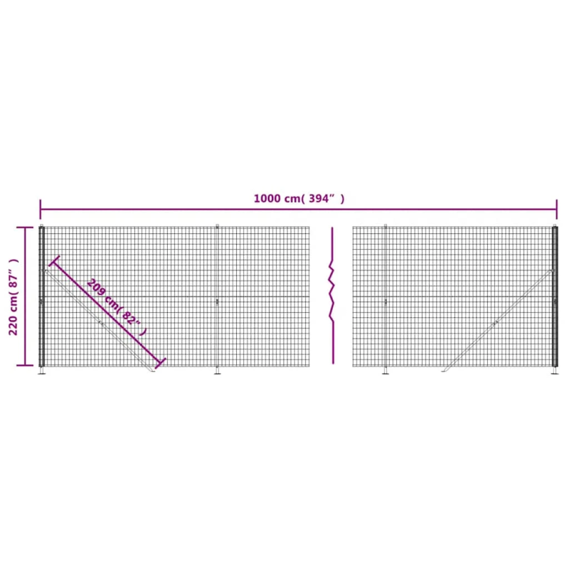 vidaXL stiepļu žogs ar atloku, 2,2x10 m, antracītpelēks