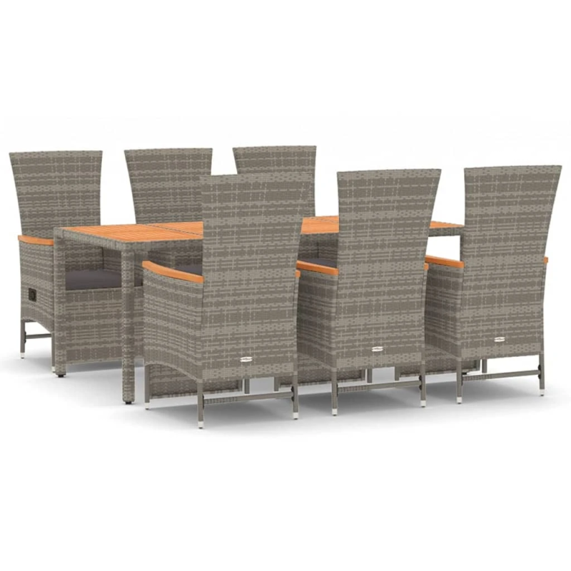 vidaXL 7-daļīgs dārza mēbeļu komplekts ar matračiem, pelēks, PE pinums