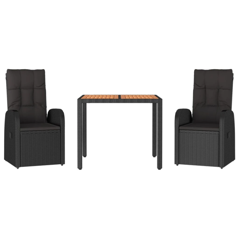 vidaXL 3-daļīgs dārza mēbeļu komplekts ar matračiem, melns, PE pinums