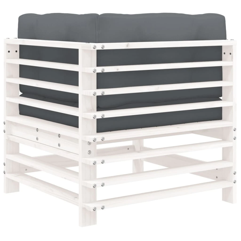 vidaXL stūra dīvāns ar matračiem, balts priedes masīvkoks