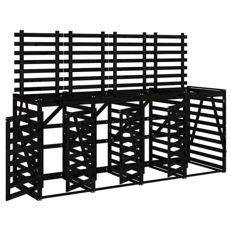 vidaXL 4 atkritumu tvertņu nojume, melna, priedes masīvkoks