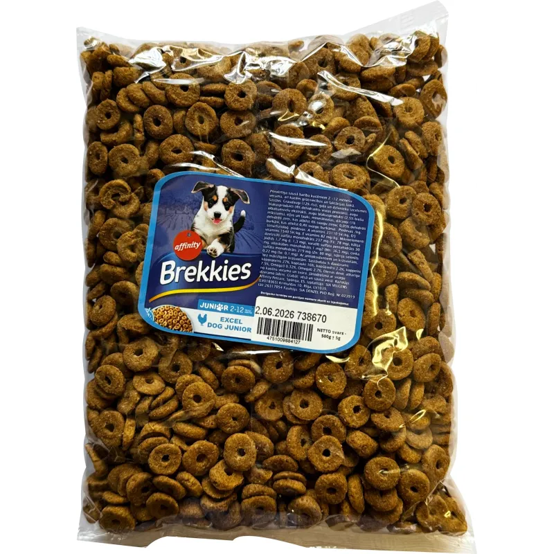 Fasēta barība Brekkies Dog Junior 0,5kg - pilnvērtīga sausā barība kucēniem 2-12 mēn., ar vistas gaļu, dārzeņiem un graudaugiem.
