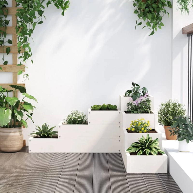 vidaXL dārza puķu kaste, 4 līmeņi, 80,5x79x36 cm, balta, priedes koks