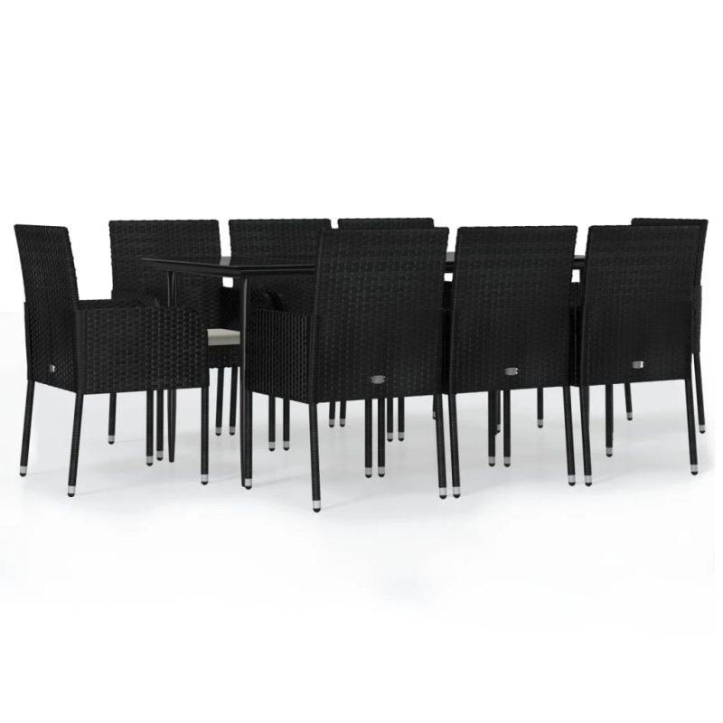 vidaXL 9-daļīgs dārza mēbeļu komplekts ar spilveniem, melns, PE pinums