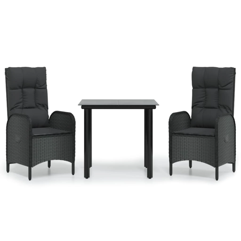 vidaXL 3-daļīgs dārza mēbeļu komplekts ar matračiem, melns, PE pinums