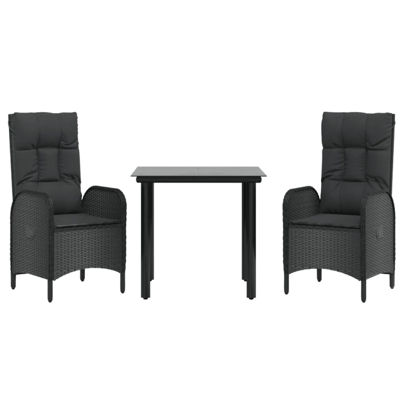 vidaXL 3-daļīgs dārza mēbeļu komplekts ar matračiem, melns, PE pinums