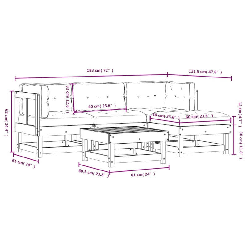 vidaXL 5-daļīgs dārza atpūtas mēbeļu komplekts ar matračiem, masīvkoks
