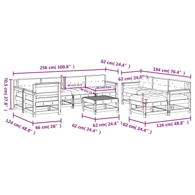 vidaXL 10-daļīgs dārza atpūtas mēbeļu komplekts ar matračiem, priede