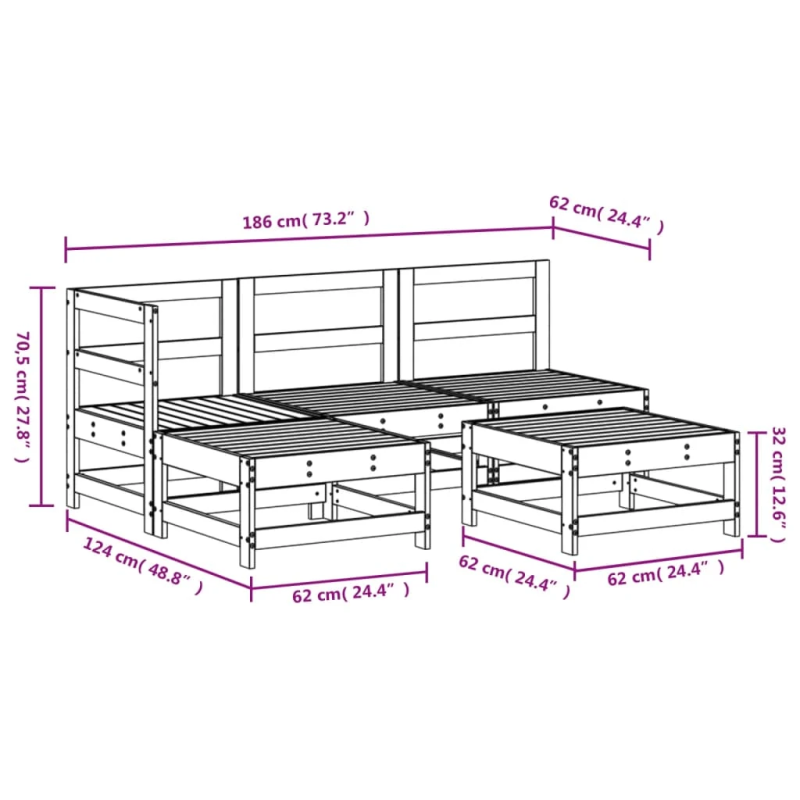 vidaXL 5-daļīgs dārza atpūtas mēbeļu komplekts, balts priedes koks