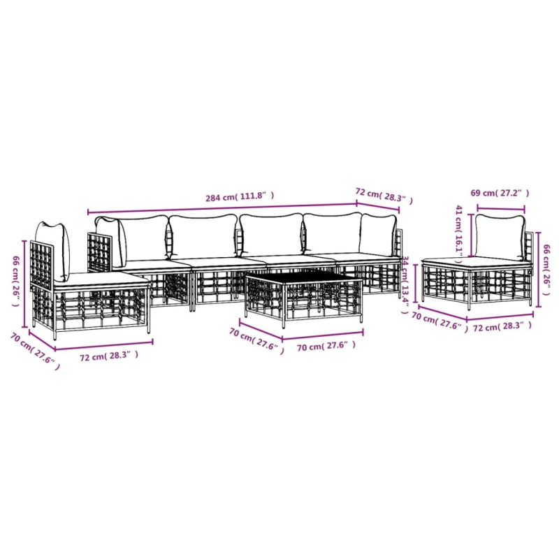 vidaXL 7-daļīgs dārza mēbeļu komplekts ar matračiem, PE rotangpalma
