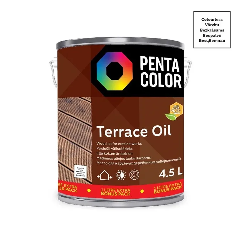 Eļļa terasēm Pentacolor Terrace Oil, caurspīdīga krās., 4.5 l