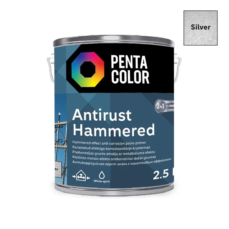 Emaliniai dažai, universalūs Pentacolor Anti Rust Hammered, blizgus, 2.5 l, sidabro