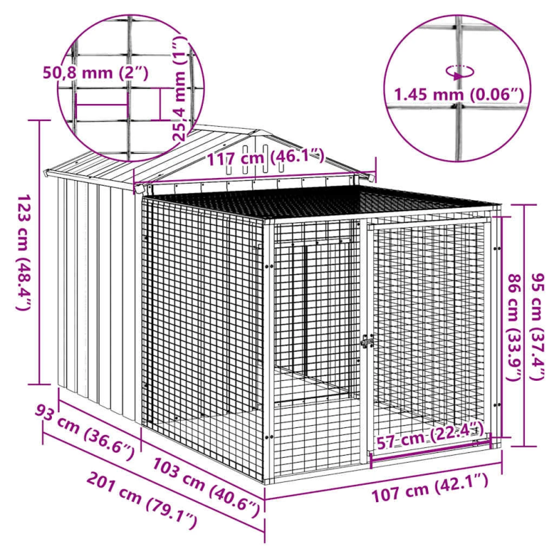 vidaXL vistu būris ar aploku, antracīta krāsā, 117x201x123 cm, cinkots tērauds