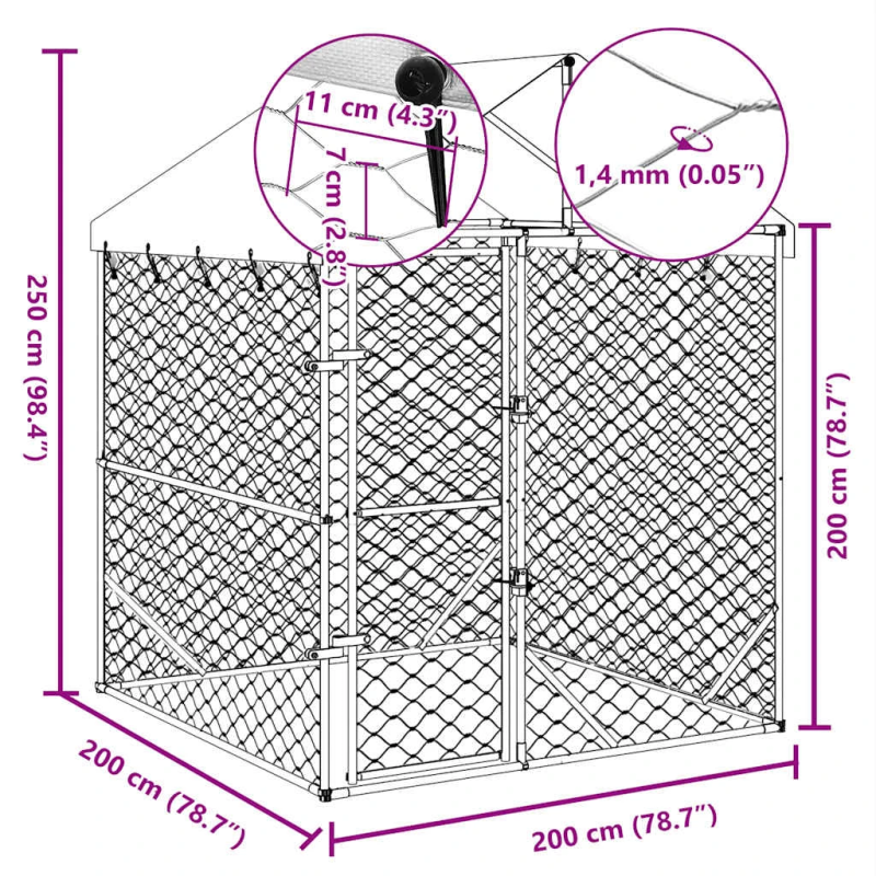 vidaXL suņu voljērs ar jumtu, sudraba krāsā, 2x2x2,5m, cinkots tērauds