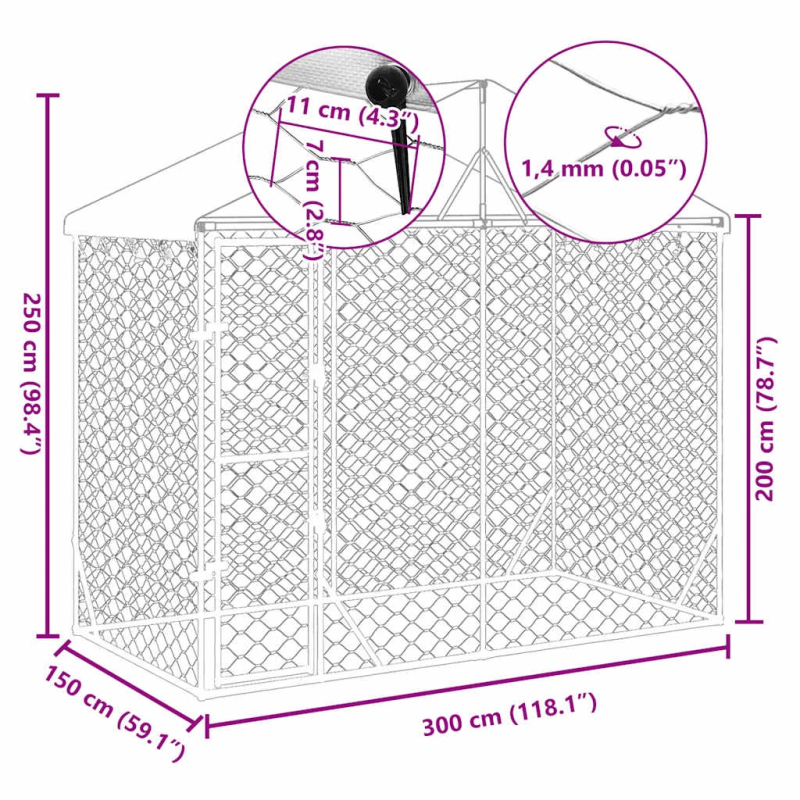 vidaXL suņu voljērs ar jumtu, sudrabains, 3x1,5x2,5 m, cinkots tērauds
