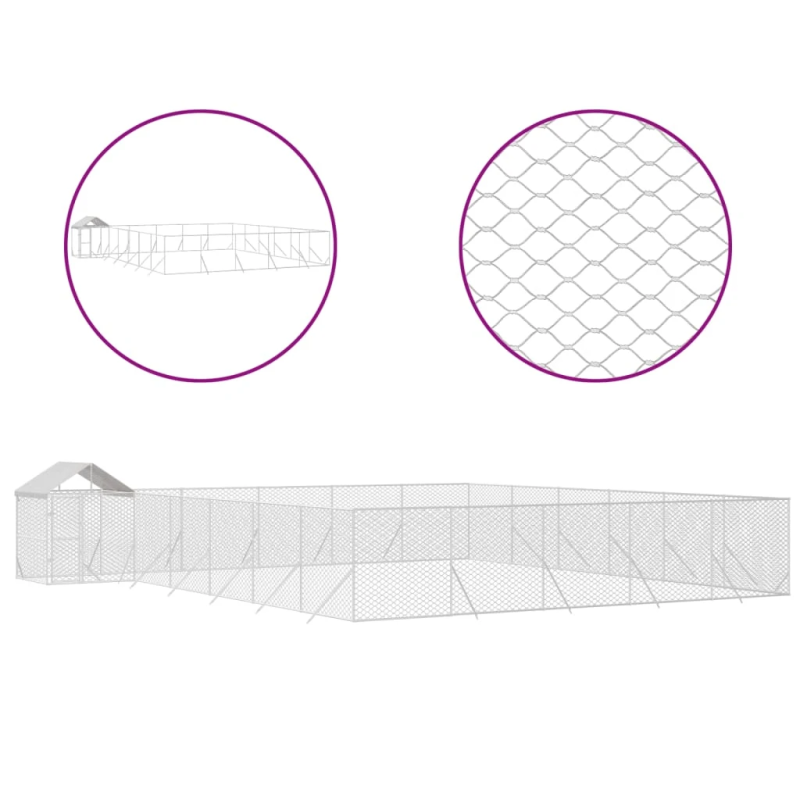 vidaXL suņu voljērs ar jumtu, 12x12x2,5m, cinkots tērauds, sudrabains