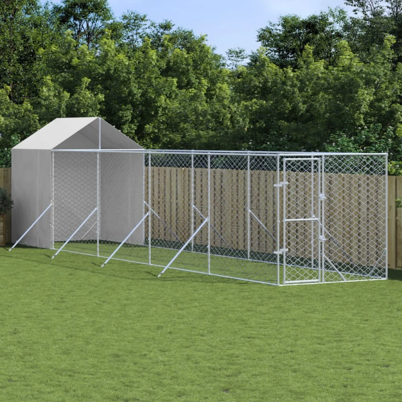 vidaXL suņu voljērs ar jumtu, 2x10x2,5m, cinkots tērauds,sudraba krāsā