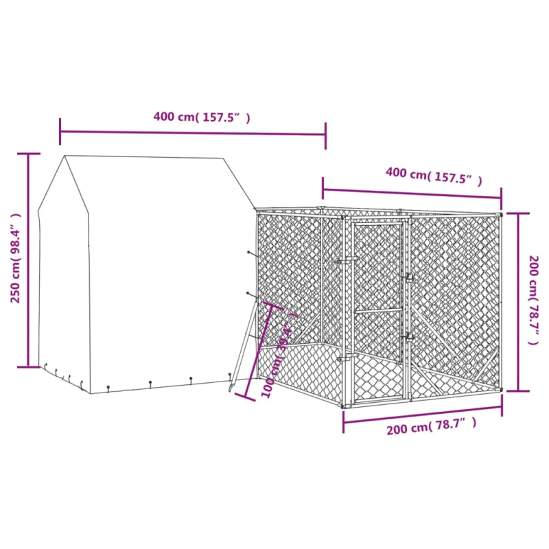 vidaXL suņu voljērs ar jumtu, 4x4x2,5m, cinkots tērauds, sudraba krāsā