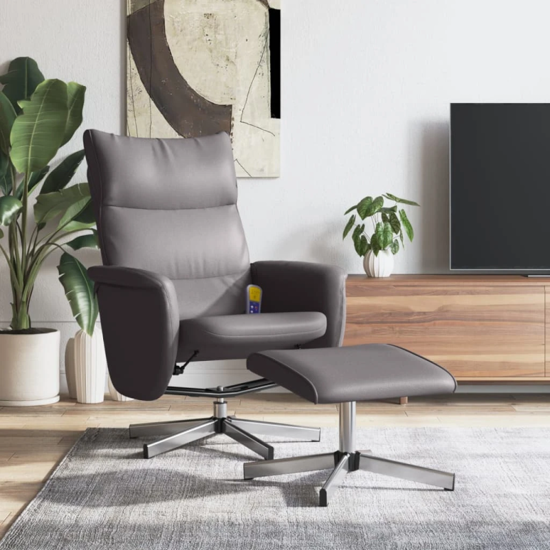 vidaXL masāžas krēsls ar kāju soliņu, atgāžams, pelēka mākslīgā āda