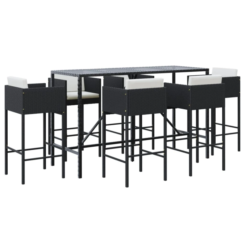 vidaXL 7-daļīgs dārza bāra mēbeļu komplekts ar matračiem, PE, melns