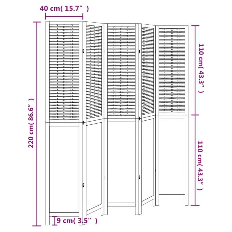 vidaXL 5-paneļu istabas aizslietnis, balts, paulonijas masīvkoks