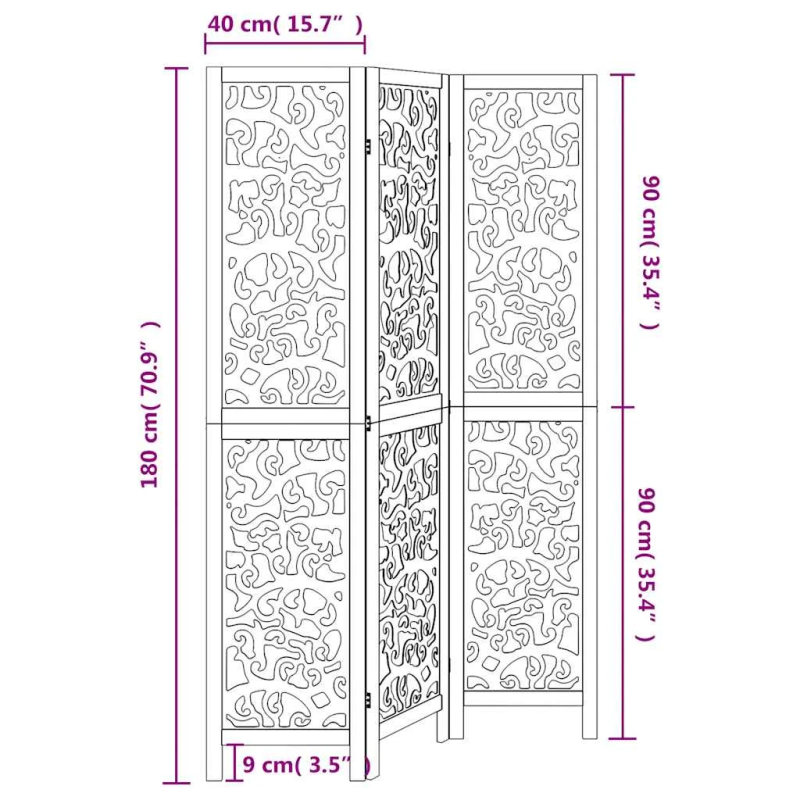 vidaXL 3-paneļu istabas aizslietnis, balts, paulonijas masīvkoks