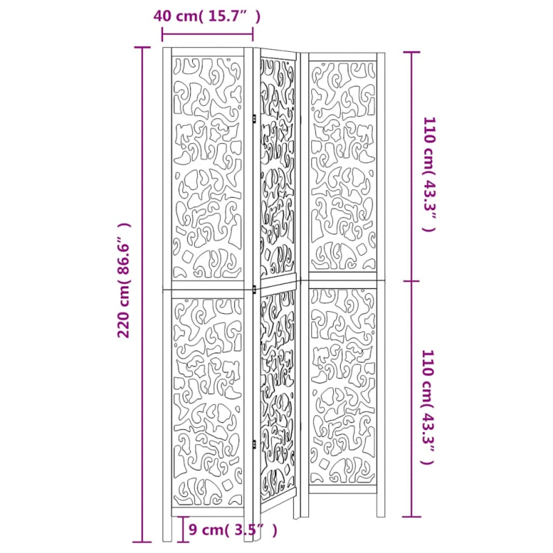 vidaXL 3-paneļu istabas aizslietnis, balts, paulonijas masīvkoks