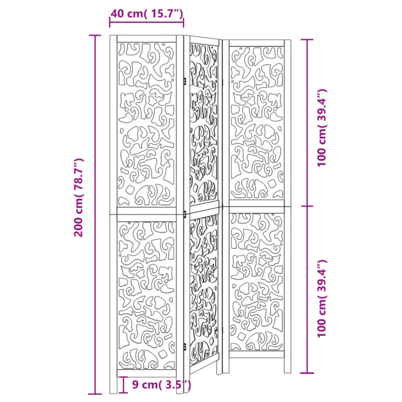 vidaXL 3-paneļu istabas aizslietnis, melns, paulonijas masīvkoks