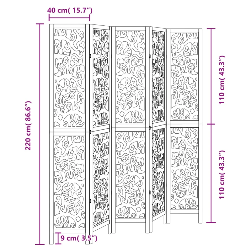 vidaXL 5-paneļu istabas aizslietnis, melns, paulonijas masīvkoks
