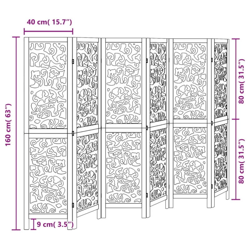 vidaXL 6-paneļu istabas aizslietnis, melns, paulonijas masīvkoks