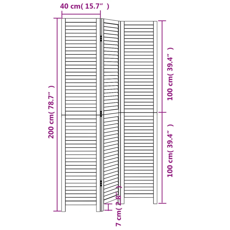 vidaXL 3-paneļu istabas aizslietnis, melns, paulonijas masīvkoks