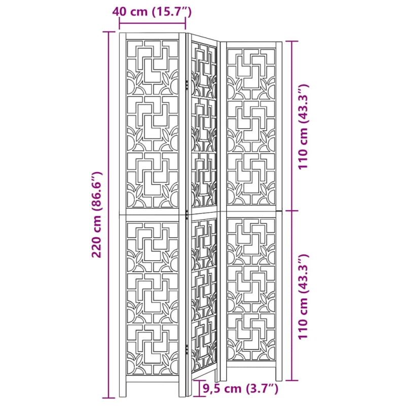 vidaXL 3-paneļu istabas aizslietnis, brūns, paulonijas masīvkoks