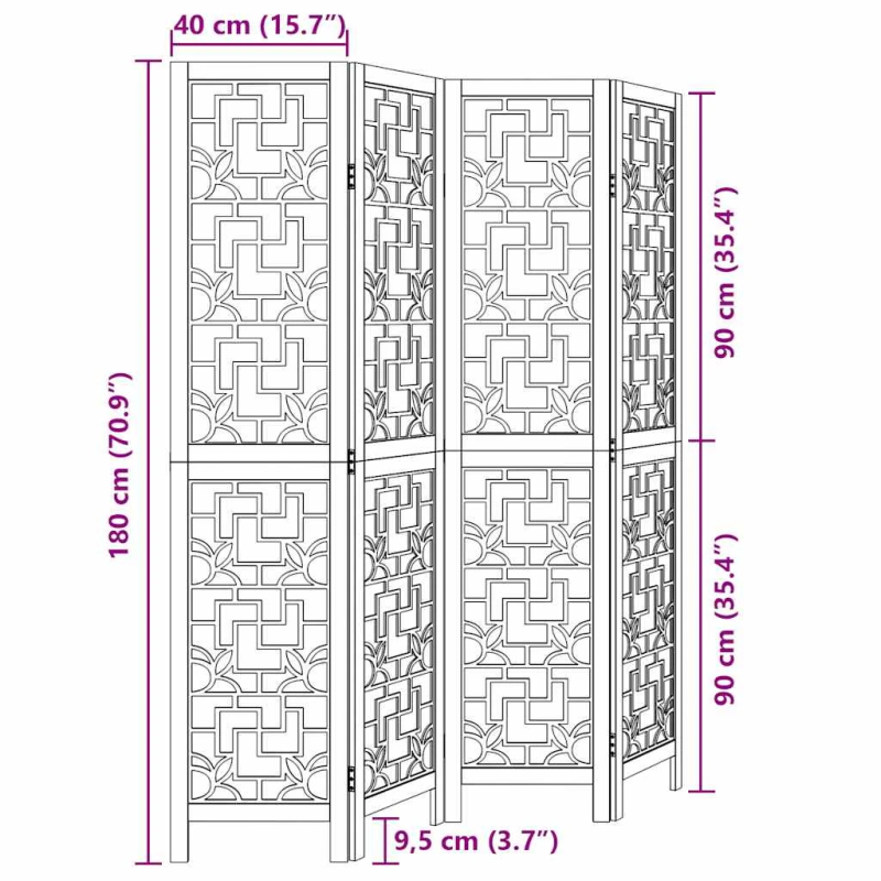 vidaXL 4-paneļu istabas aizslietnis, brūns, paulonijas masīvkoks