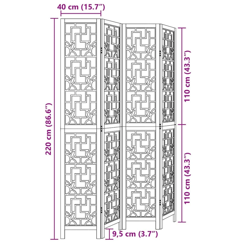 vidaXL 4-paneļu istabas aizslietnis, brūns, paulonijas masīvkoks