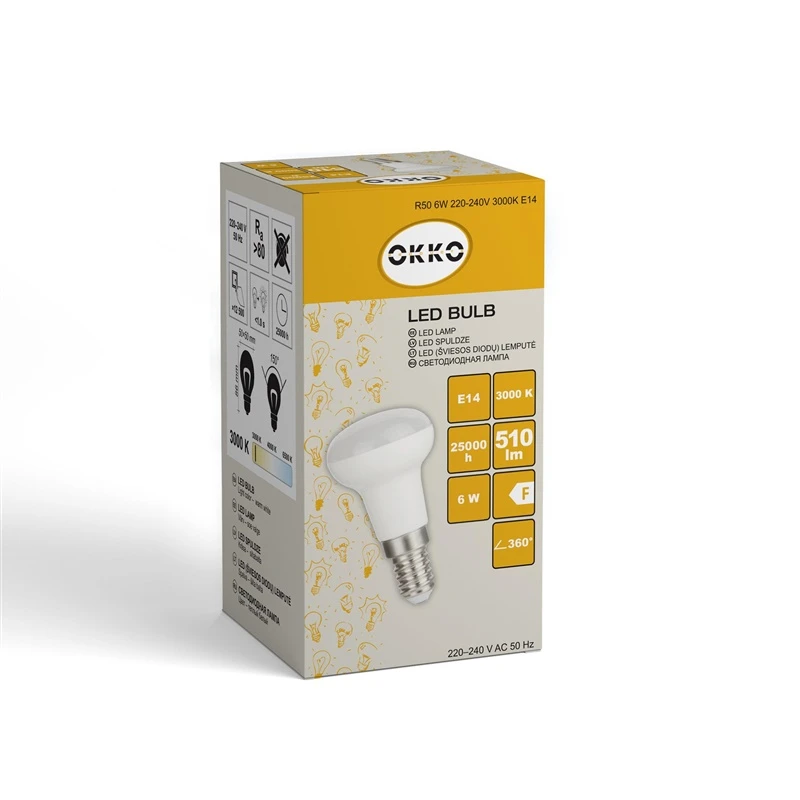 LED spuldze OKKO. R50. E14. 6 W. 510 lm. 3000 K