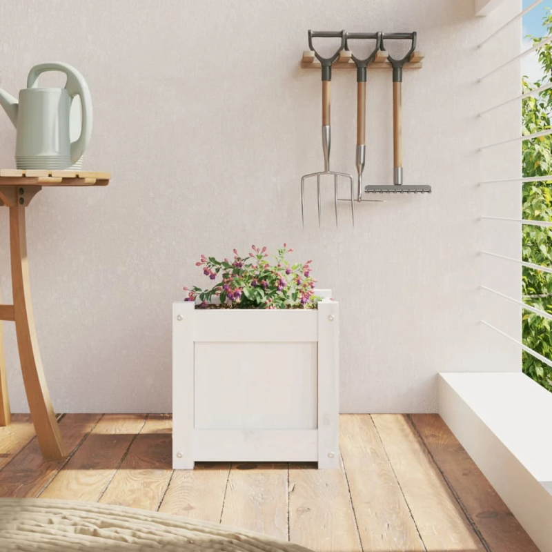 vidaXL dārza puķu kaste, balta, 31x31x31 cm, priedes masīvkoks