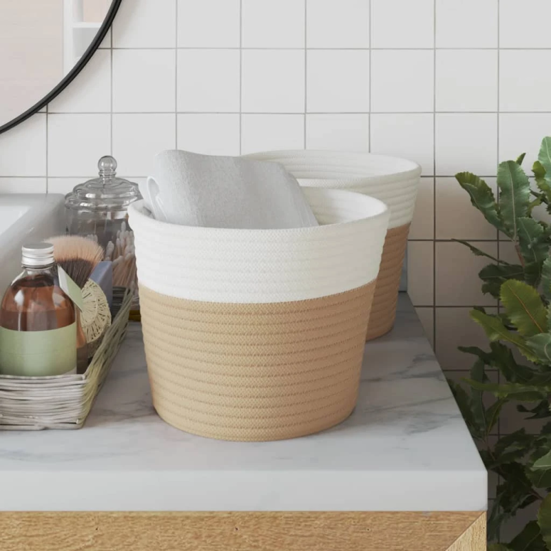 vidaXL uzglabāšanas grozi, 2 gab., bēšs ar baltu, DIA24x18 cm, kokvilna