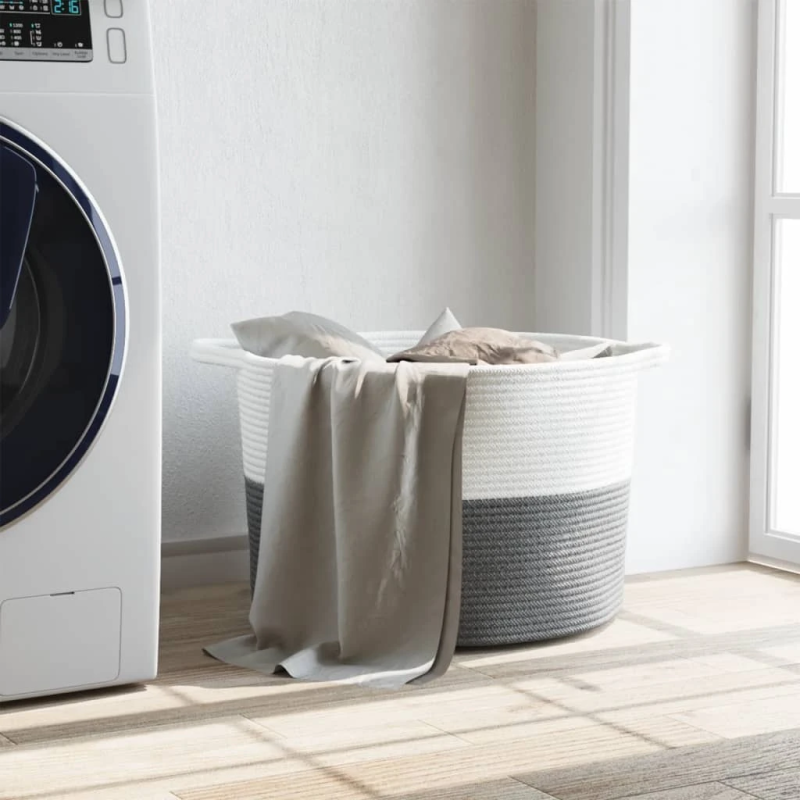 vidaXL veļas grozs, pelēks un balts, DIA55x36 cm, kokvilna