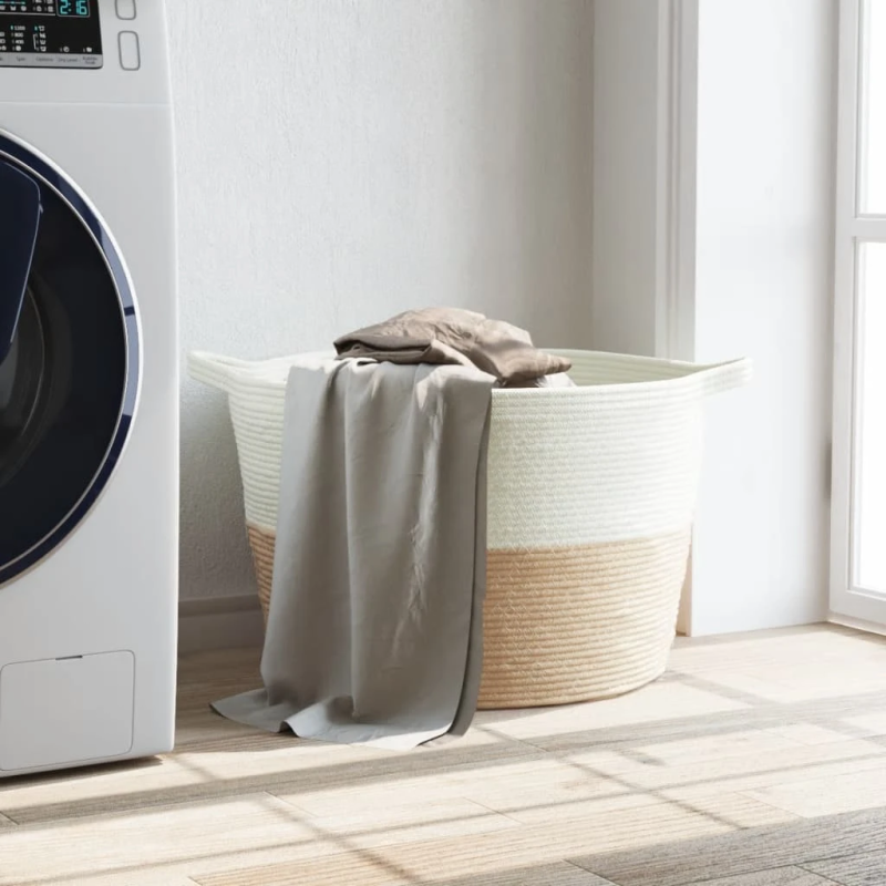 vidaXL veļas grozs, bēšs un balts, DIA60x36 cm, kokvilna