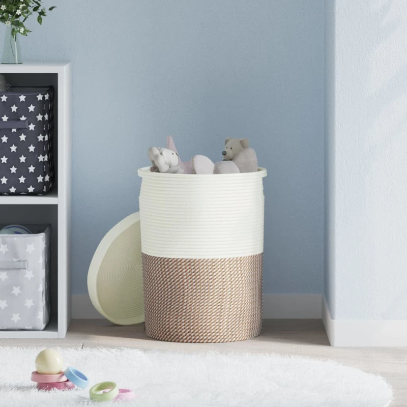 vidaXL uzglabāšanas grozs ar vāku, brūns ar baltu, DIA37x50 cm, kokvilna