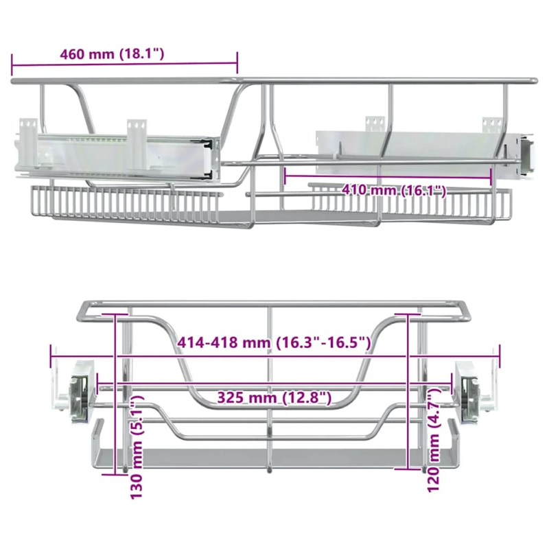 vidaXL izvelkami stiepļu grozi, 2 gab., 45 cm, sudraba