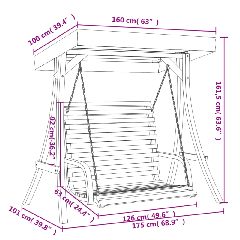 vidaXL šūpuļsols ar nojumi, egles masīvkoks ar tīkkoka apdari