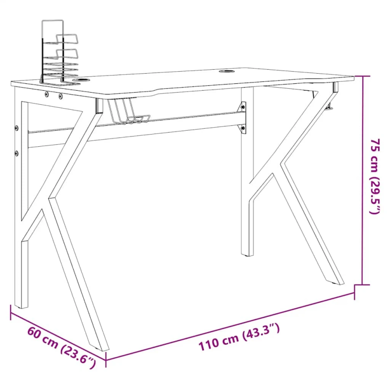 vidaXL datorspēļu galds, K-formas kājas, melns, 110x60x75 cm