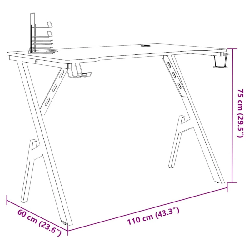 vidaXL datorspēļu galds, Y-formas kājas, melns, 110x60x75 cm