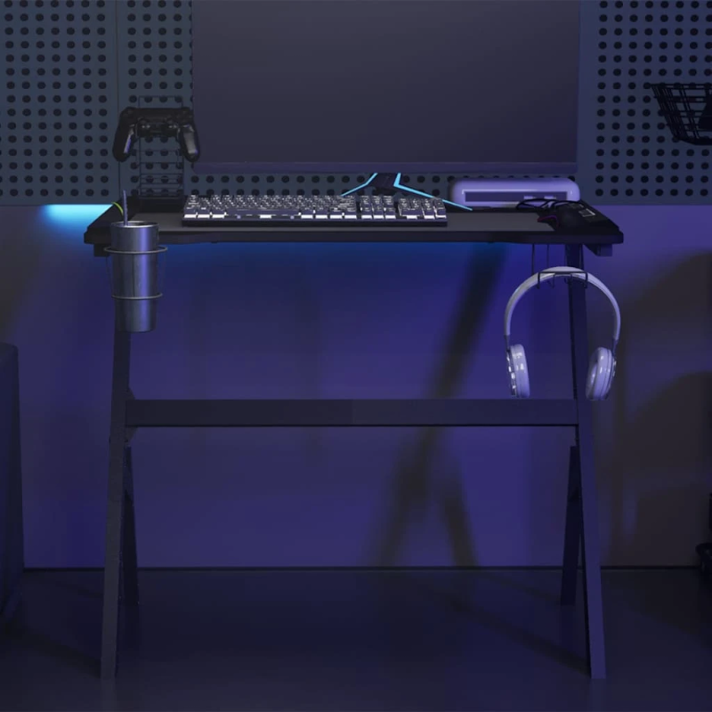 vidaXL datorspēļu galds ar LED, Y-formas kājas, melns, 90x60x75 cm