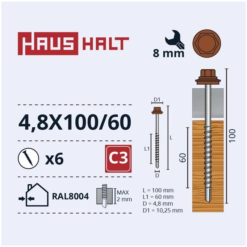 Pašvīdējošie skrūves Haushalt. DIN 7504K. 4.8 x 100-60 mm. 6 gab.